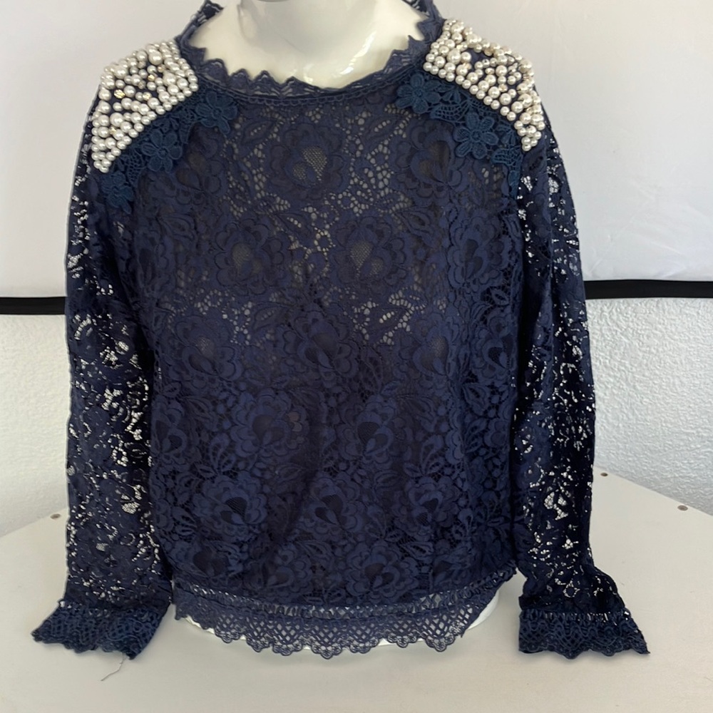 Lace Top Blue with Faux Pearls and gems